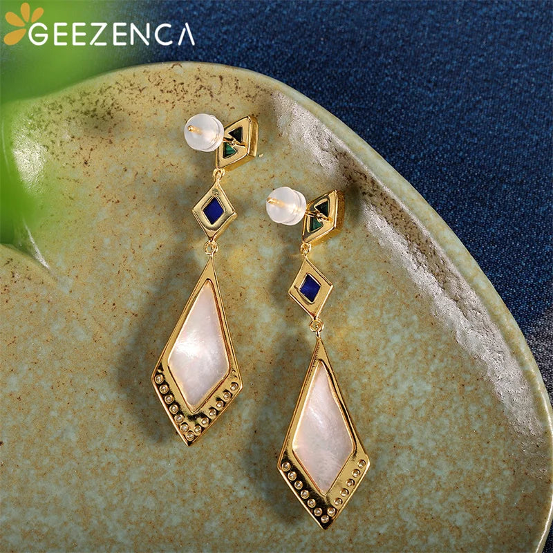 GEEZENCA Malachite Lapis Lazuli Shell 925 Silver Dangle Earrings For Women Unusual Geometric Natural Stone Drop Earring Gift