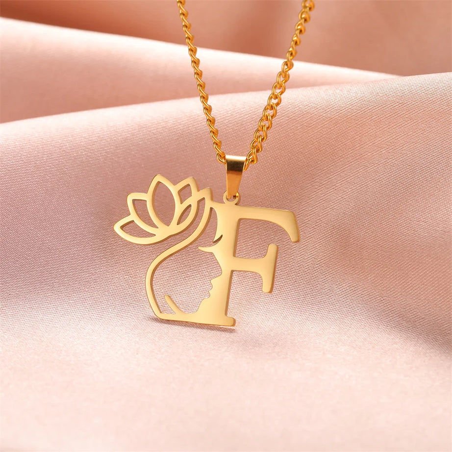 Lotus Flower Initial Letter Pendant, Personalized Stainless Steel Necklace
