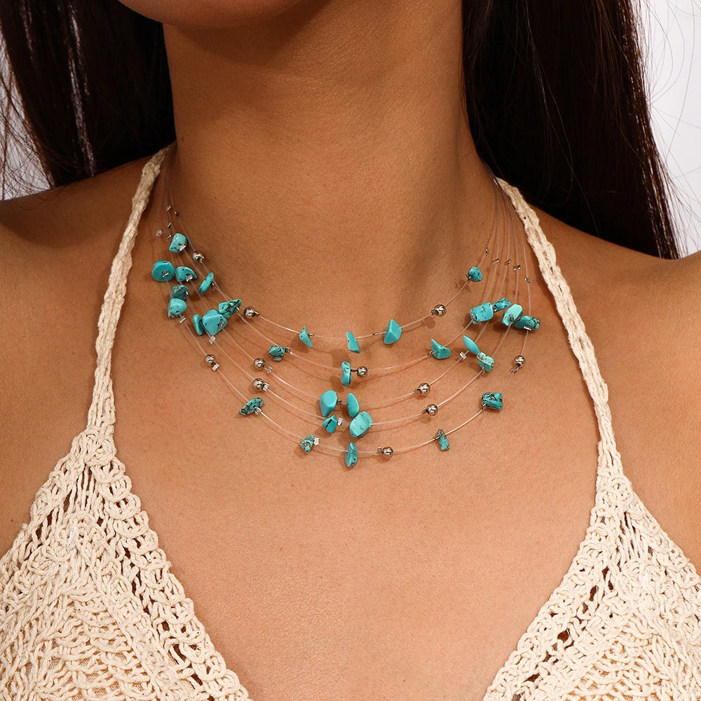 Aihua Boho Multilayer Natural Stone Glasses Beads Necklace For Women Choker Collar Necklace Women Jewelry Gifts