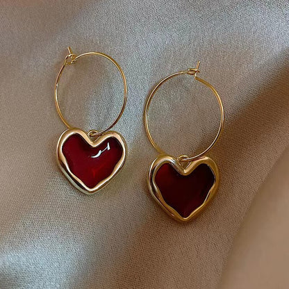 Burgundy Heart Pendant Cute Sweet Earrings For Women Simple Style Wholesale