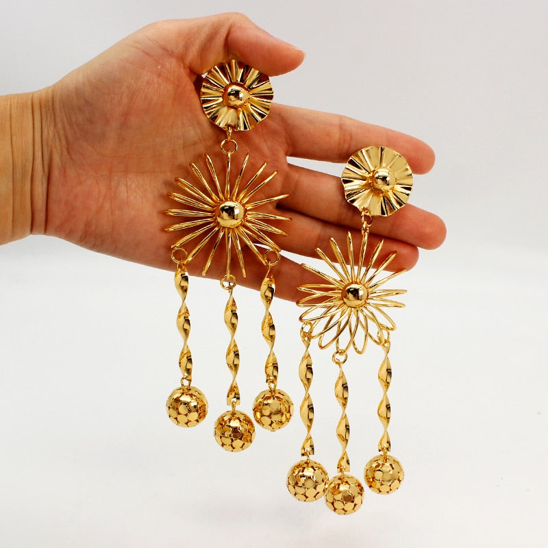 Long Hanging Earrings For Women Dubai African Beads Flower Drop Dangle Earring 24K Gold Plated Copper Fashion Jewelry Accessory - Charlie Dolly