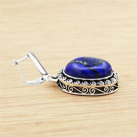 Natural Lapis Lazuli Earrings Snail Flower Pendant For Women Vintage Antique Silver Plated Fashion Jewelry Anniversary Gift - Charlie Dolly