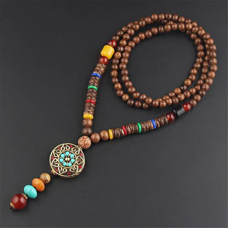Nepal Wood Bead Mala Pendant Necklace Jewelry