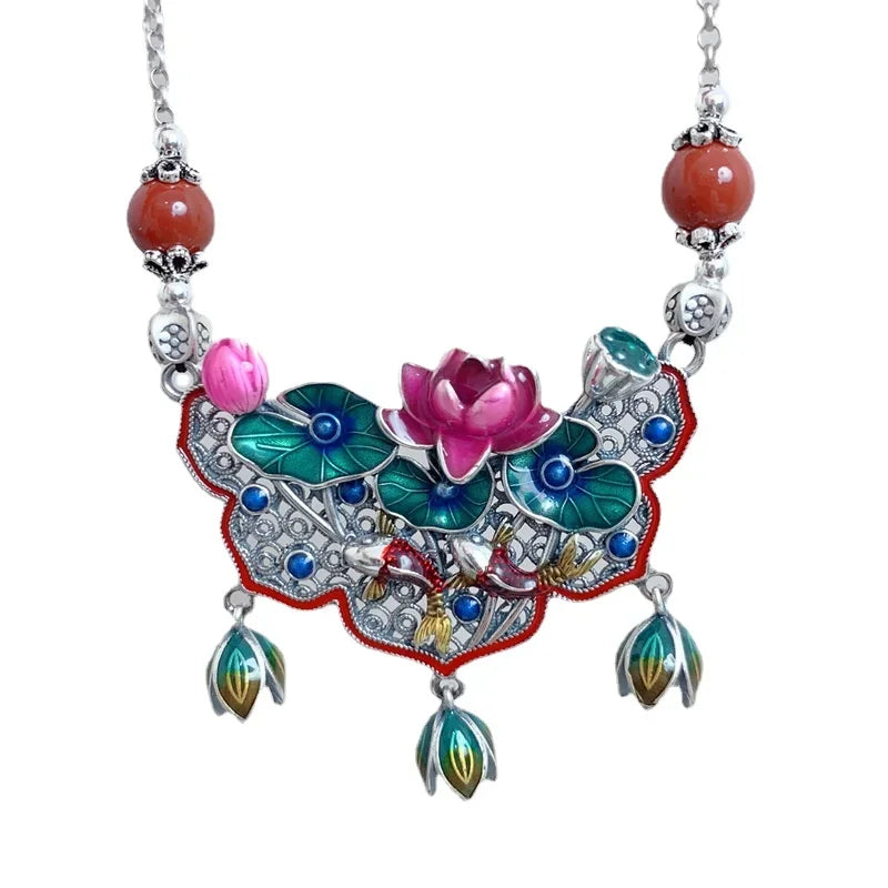 Fresh Classical 925 Silver Colored Enamel Lotus Leaf and Flower Tassel Necklace Pendant for Women clavicle chain Jewelry