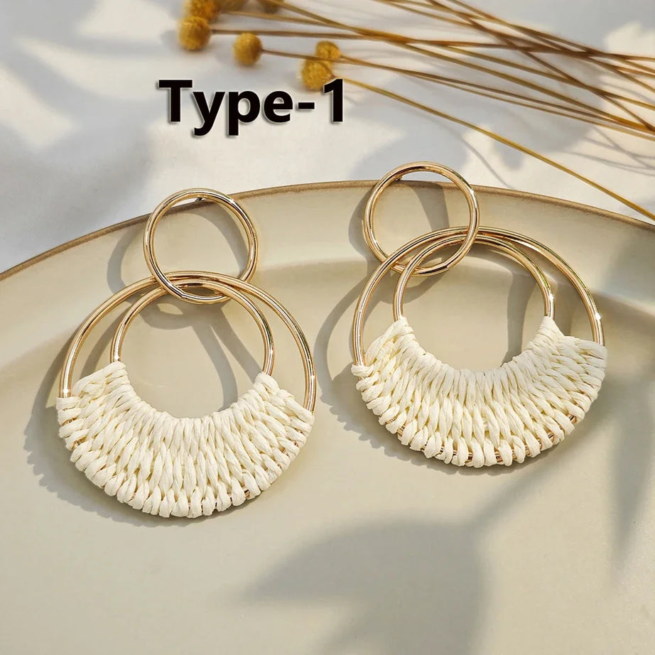Raffia Straw Woven Boho Hoop Earrings Jewelry