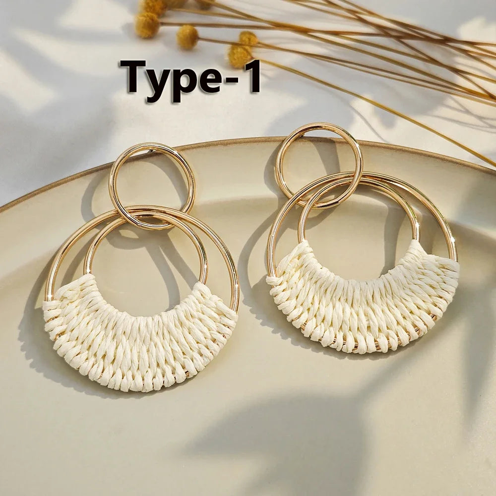 1 or 4 PAIRS Bohemia Summer Beach  Raffia Boho Hoop Earrings for Women Straw Wicker Rattan Dangle Round Drop Earrings