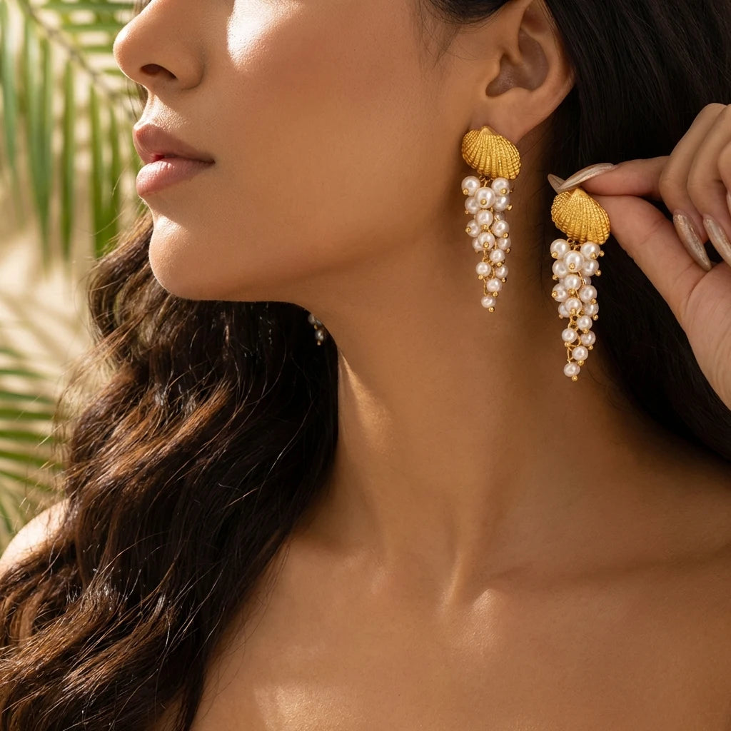 Boho Elegant Imitation Pearl Seashell Dangle Earrings For Women Creative Clustered Pear Shell Tassel Earring Beach Party Jewelry