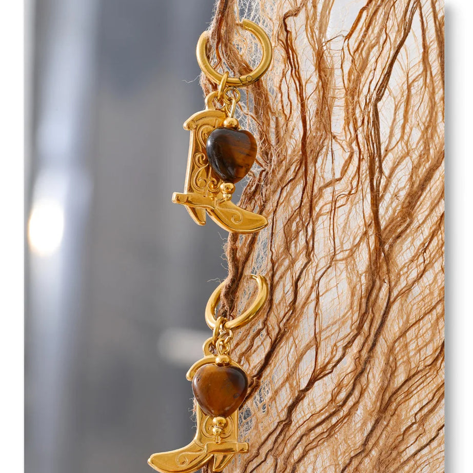 Natural Tiger Stone Boot Charm Drop Hoop Earrings, Stainless Steel Vintage Jewelry