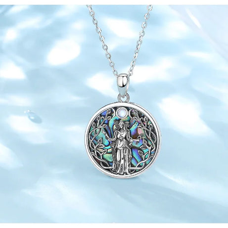 S925 Sterling Silver Triple Moon Goddess Pendant Necklace, Hecate Natural Abalone Amulet