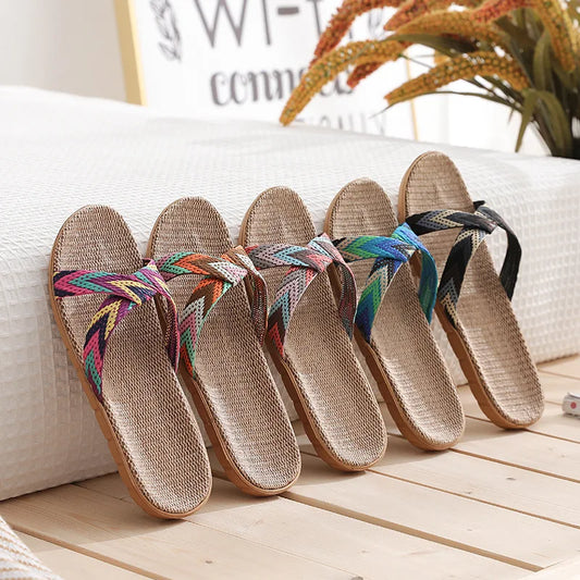 Mntrerm Hot 2023 New Candy Color Flax Home Slippers Striped Cut-outs Summer Indoor Slippers Flats Soft Cool Women Linen Slipper - Charlie Dolly