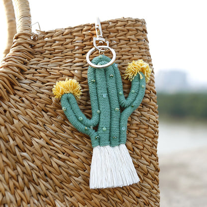 Handmade Weaving Green Plant Cactus Keychain Bohemia Backpack Pendant Key Ring Tassel Cotton Rope Car Hanging Key Holder Jewelry