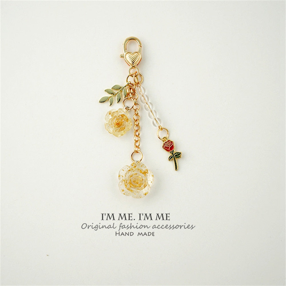 8colors 3D Rose Camellia Keychain Women Girls Sweet Pearl Tassel Flower Keyring With Metal Leaf For Earphone Case Bag Decoration - Charlie Dolly
