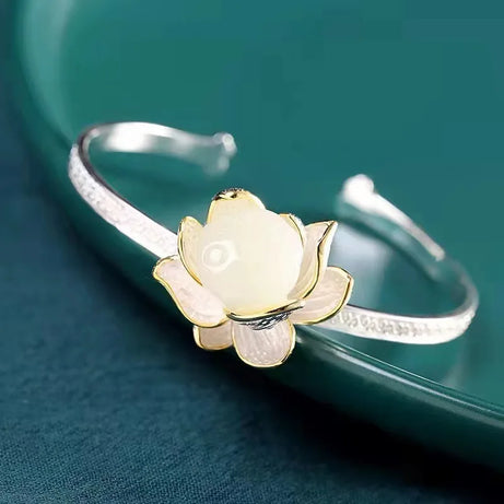 Natural Hotan Jade Lotus Flower Jewelry Set, Necklace Ring Bracelet Hairpin Boutique