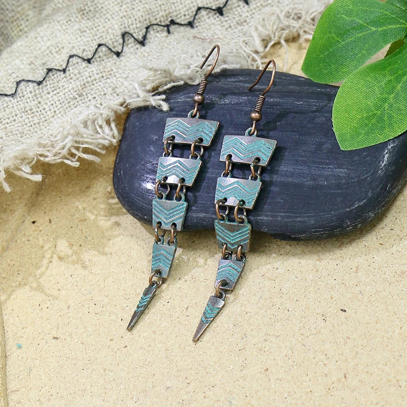 Vintage Boho Blue Stone Beaded Drop Earrings For Women Tassel Ethnic Geometric Flower Leaf Long Dangle Earrings Trendy Jewelry