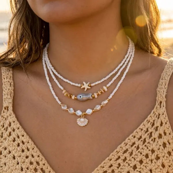 Boho Shell Starfish Seahorse Polymer Clay Necklace Set 3Pcs Summer Beach Choker For Women Vacation Jewelry