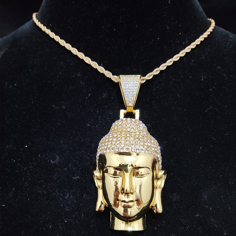 Men Women Hip Hop Buddha Pendant Necklace with 13mm Crystal Cuban Chain HipHop amulet Necklaces Fashion Charm Jewelry Best Gifts - Charlie Dolly