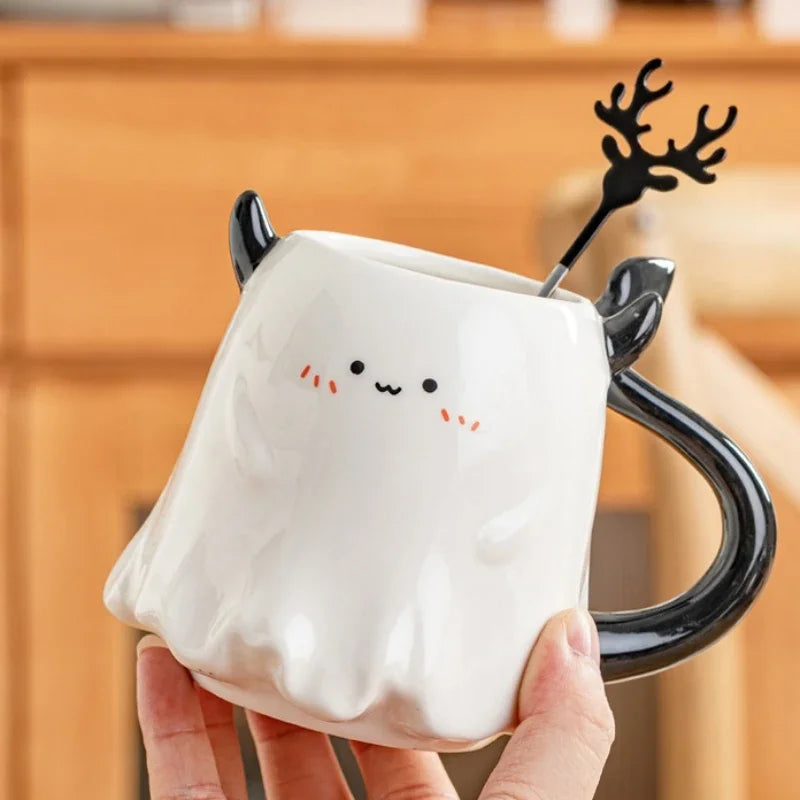 1pc 16oz Large Ceramic Halloween Devil Mug Adorable Cartoon Ghost Elf Kawaii Elves Porcelain Tea Cup Drinkware Gift for Kids - Charlie Dolly