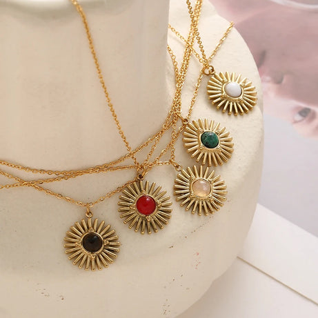 Boho Natural Stone Sun Flower Necklace for Women Bohemian Retro Stainless Steel Necklace Choker Necklaces Fashion Jewelry - Charlie Dolly