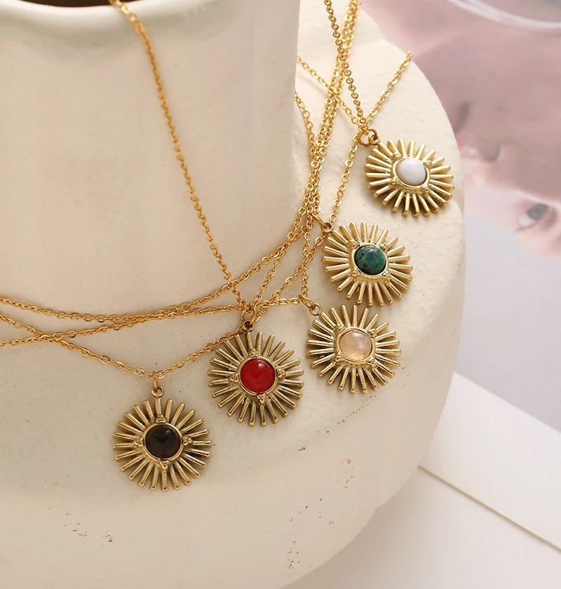 Boho Natural Stone Sun Flower Necklace for Women Bohemian Retro Stainless Steel Necklace Choker Necklaces Fashion Jewelry