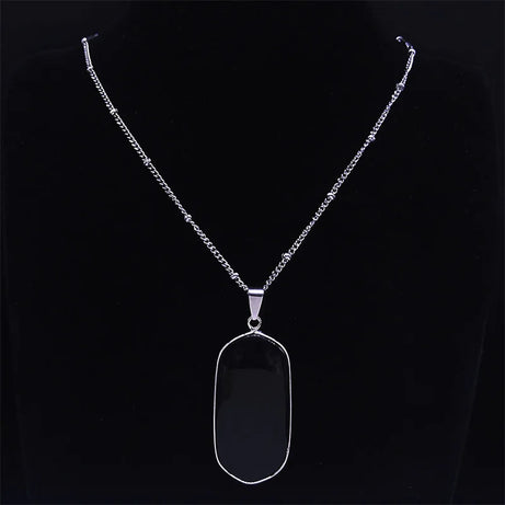 Black Obsidian Geometric Lucky Pendant Necklace Women Boho Natural Stone Stainless Steel Silver Color Necklaces Jewelry NA145S04 - Charlie Dolly