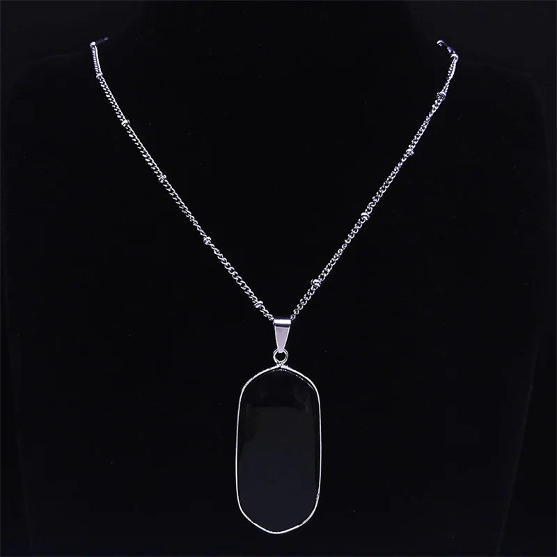 Black Obsidian Geometric Lucky Pendant Necklace Women Boho Natural Stone Stainless Steel Silver Color Necklaces Jewelry NA145S04