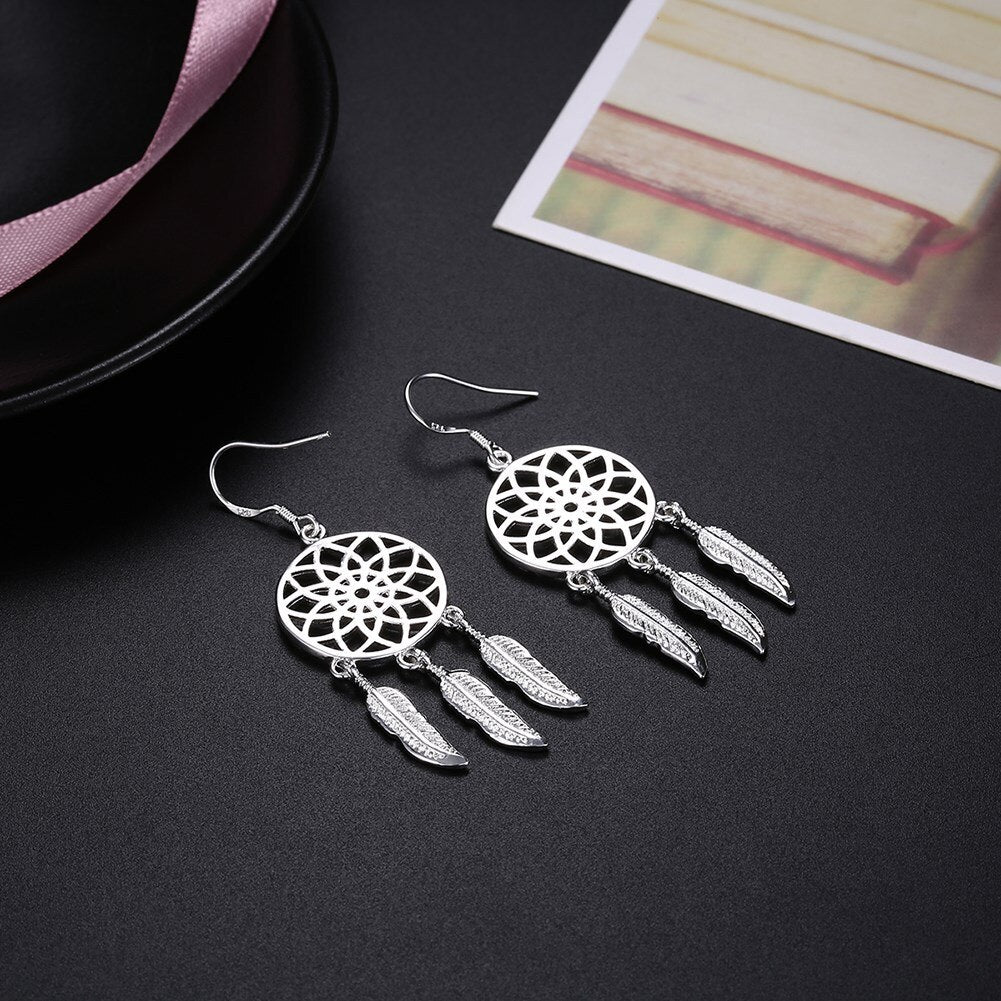 925 Sterling Silver Dreamcatcher Tassel Feather Round Bead Drop Earrings For Women Elegant Fashion Jewelry - Charlie Dolly