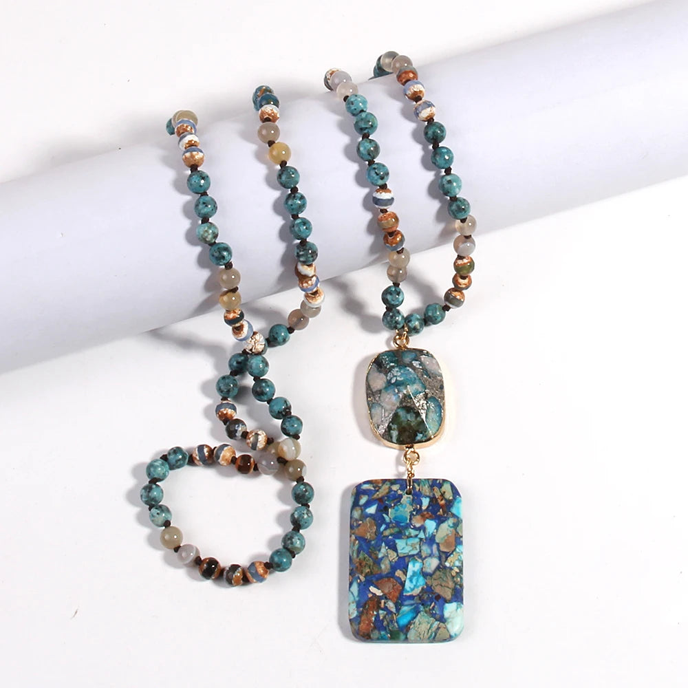 RH Fashion Bohemian Jewelry Natural Stones Crystal Stone Knotted Semi Precious Stone Boho Multi Pendant Necklace Women Gift