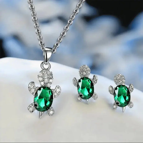 Sea Turtle Necklace & Earrings Set of 3, Silver-Plated Multi-Color Glass Ocean Jewelry