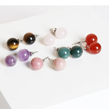 Natural Stone Agate Quartz Lapis Lazuli Tiger Eye Round Bead Stud Earrings Women Fashion Simple Stainless Steel Crystal Ear Stud - Charlie Dolly