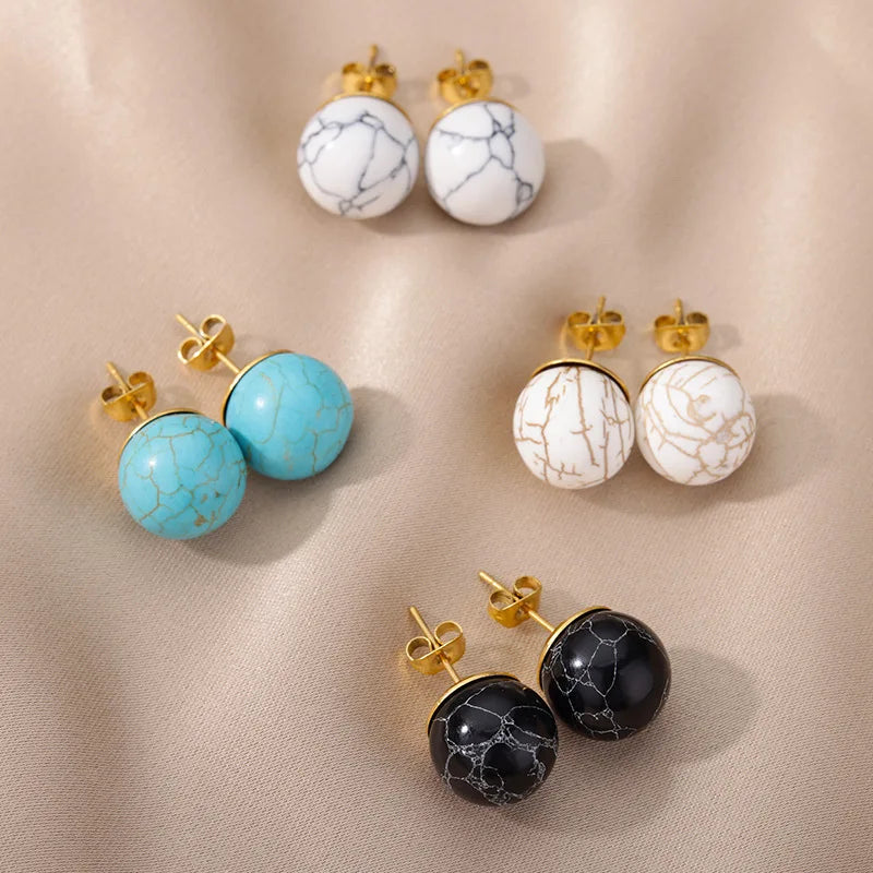 1 Pair Natural Stone Stud Earrings For Women Men Round Turquoises Tiger Eye Lapis Lazuli Beads Earring Fashion Jewelry Gift