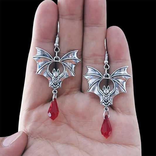 Gothic Vampire Bat Earrings Retro Dark Red Crystal Drop Earrings for Women Man Fashion Witch Jewelry Halloween Accessories Gifts