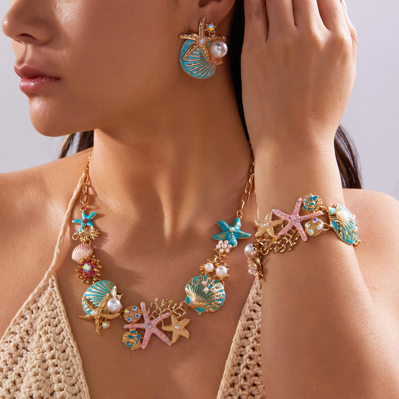 Starfish Shell and Coral Statement Necklace, Bracelet or Earring Set