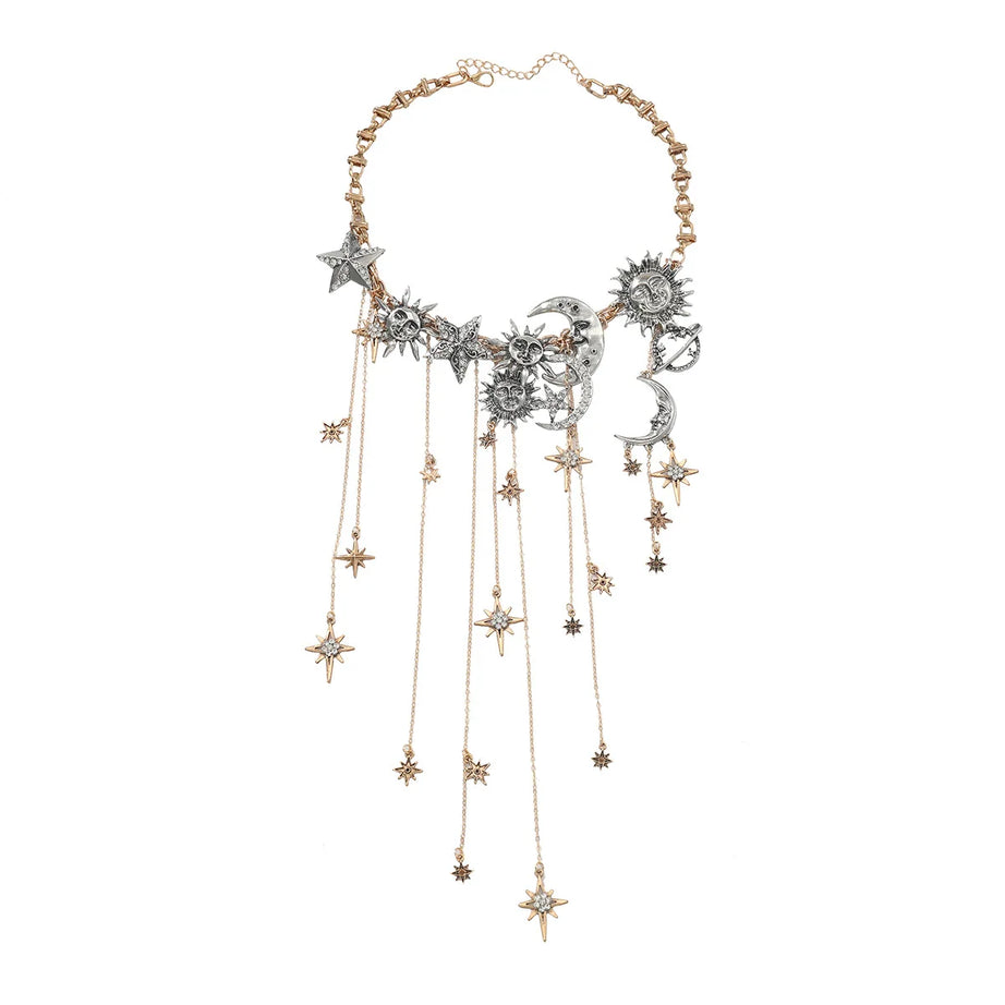 Moon, Star and Sun Exaggerated Tassel Boho Pendant Necklace