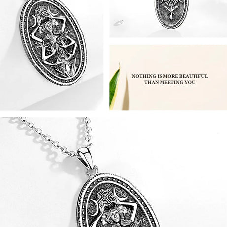 Triple Moon Goddess Hecate Wheel Necklace, S925 Sterling Silver