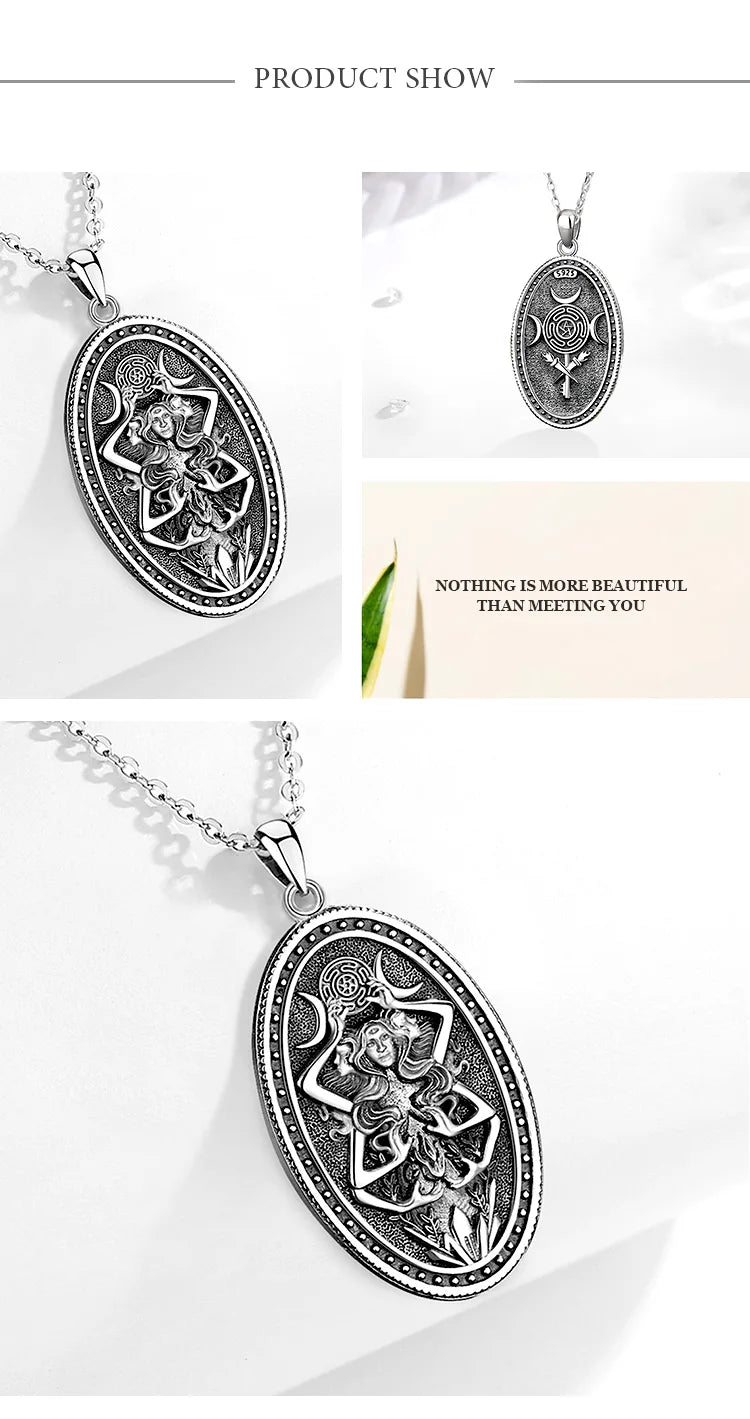 Eudora 925 Sterling Silver Triple Moon Goddess Necklace Hecate Wheel Amulet Pendant Triple Goddess Jewelry for Women Man Gift