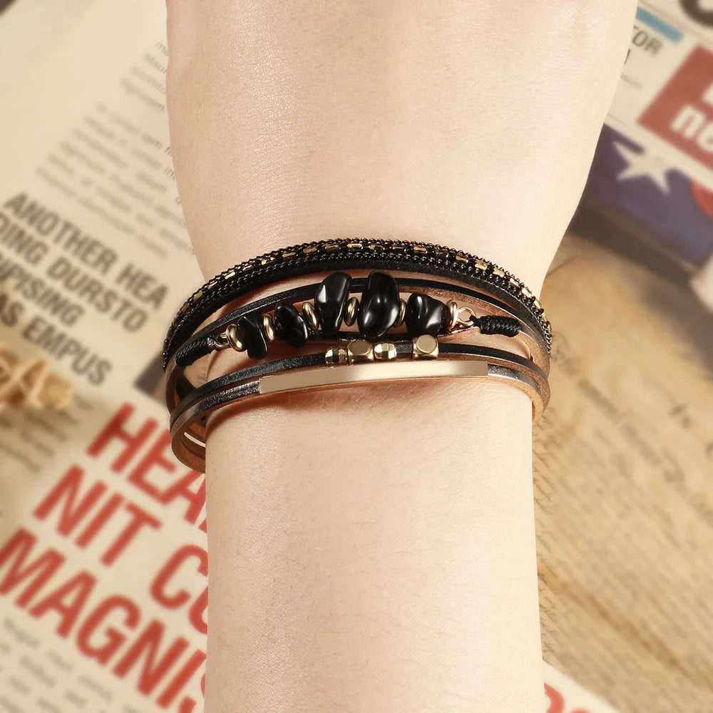 Boho Ethnic Leather Bracelet Irregular Natural Stone Beaded Cuff Bangle for Women Retro Layered Wristwear Hand Jewelry Accessory