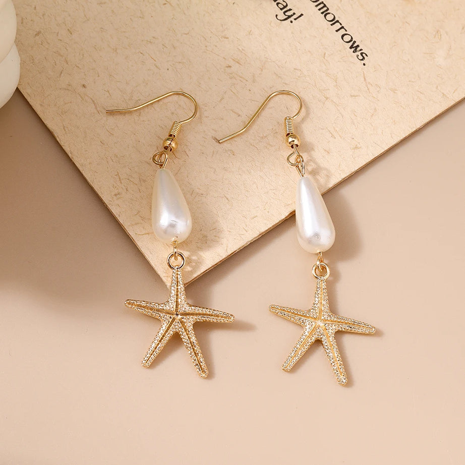 Conch and Starfish Shell Drop Earrings