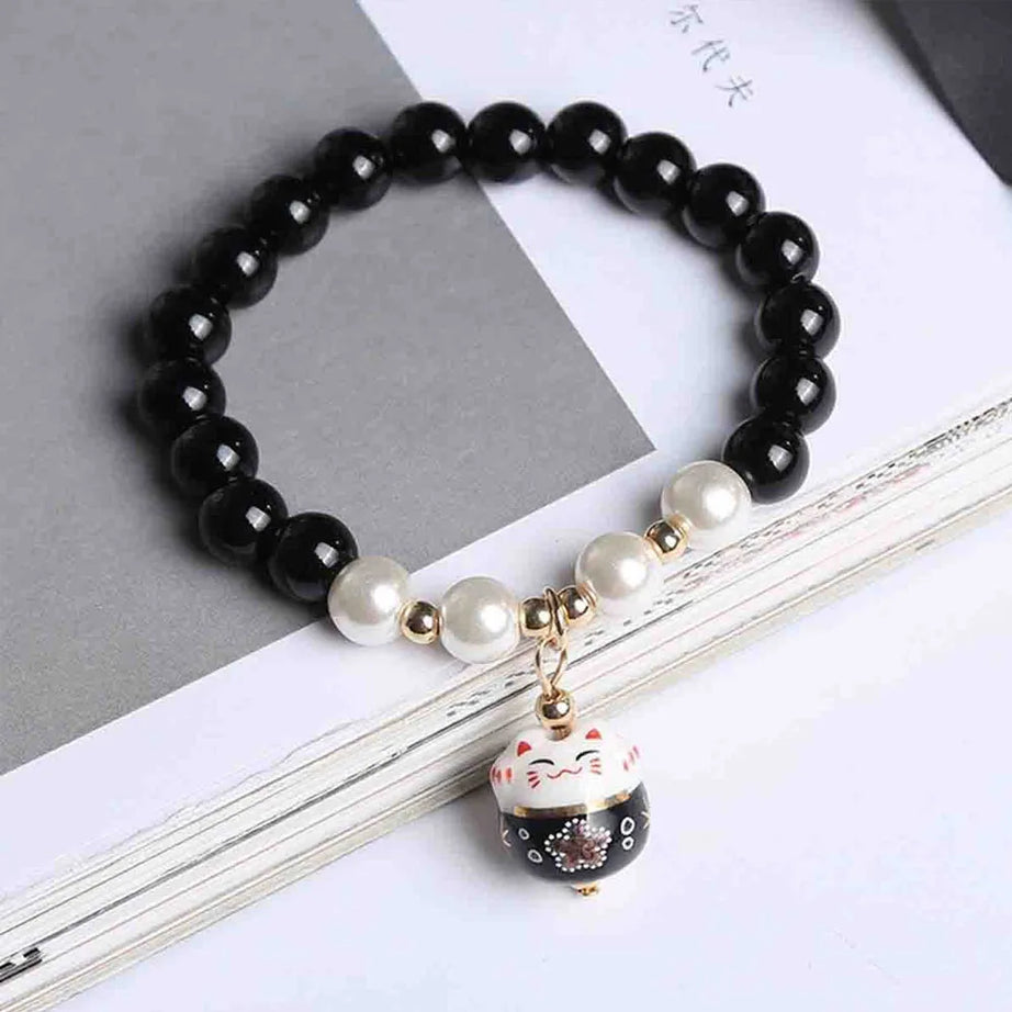Boho Fortune Cat Charms Bracelet for Women 8mm Round Natural Stone 18cm Stretch Wire Couple Bracelet Jewelry Accessories Gifts - Charlie Dolly