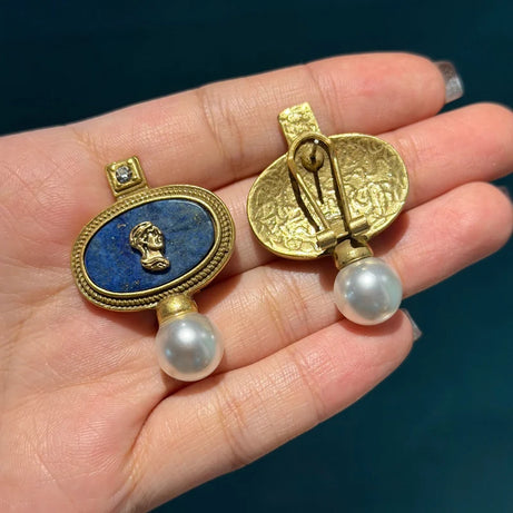 Vintage Cameo Jewelry Set Woman Avatar Pendent Pearl Necklace Lapis Lazuli Stud Earrings Blue Natural Stone Wedding Party 2026 - Charlie Dolly