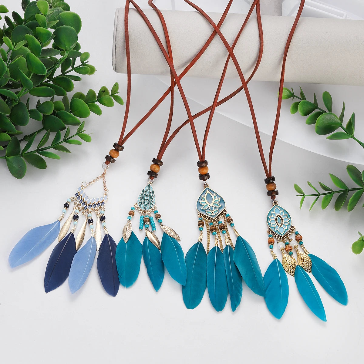 Rope Bead Feather Pendant Long Necklace Jewelry