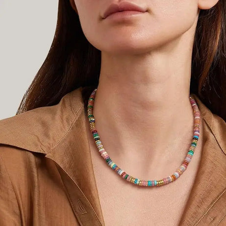 Colorful Boho Natural Stone Surfer Beach Choker 6mm Beaded Gemstone Necklace for Women 14K Gold Plated Handmade Jewelry - Charlie Dolly