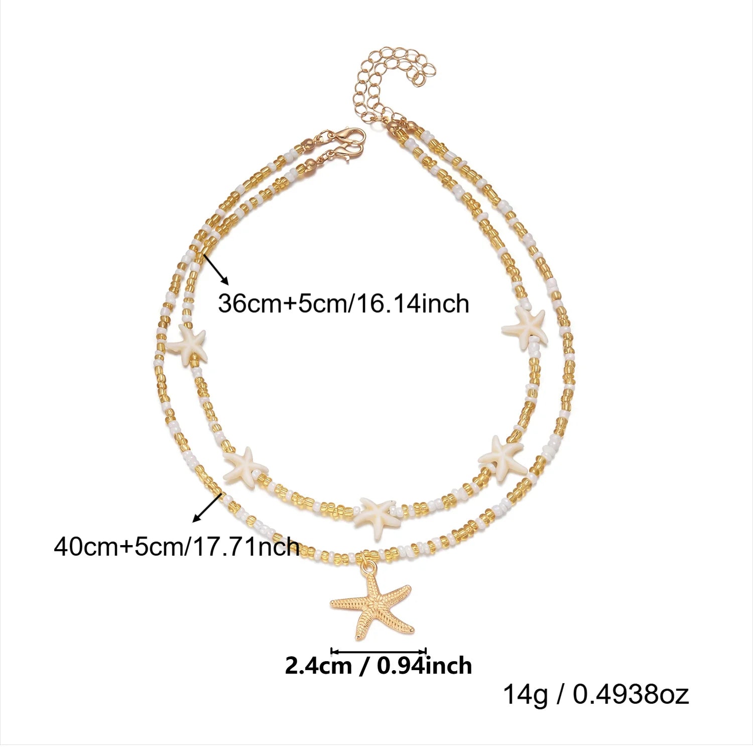 Dainty Shell Starfish Rice Beads Pendant Necklace for Women Boho Sea Star Layered Clavicle Chain Beach Party Jewelry Gift