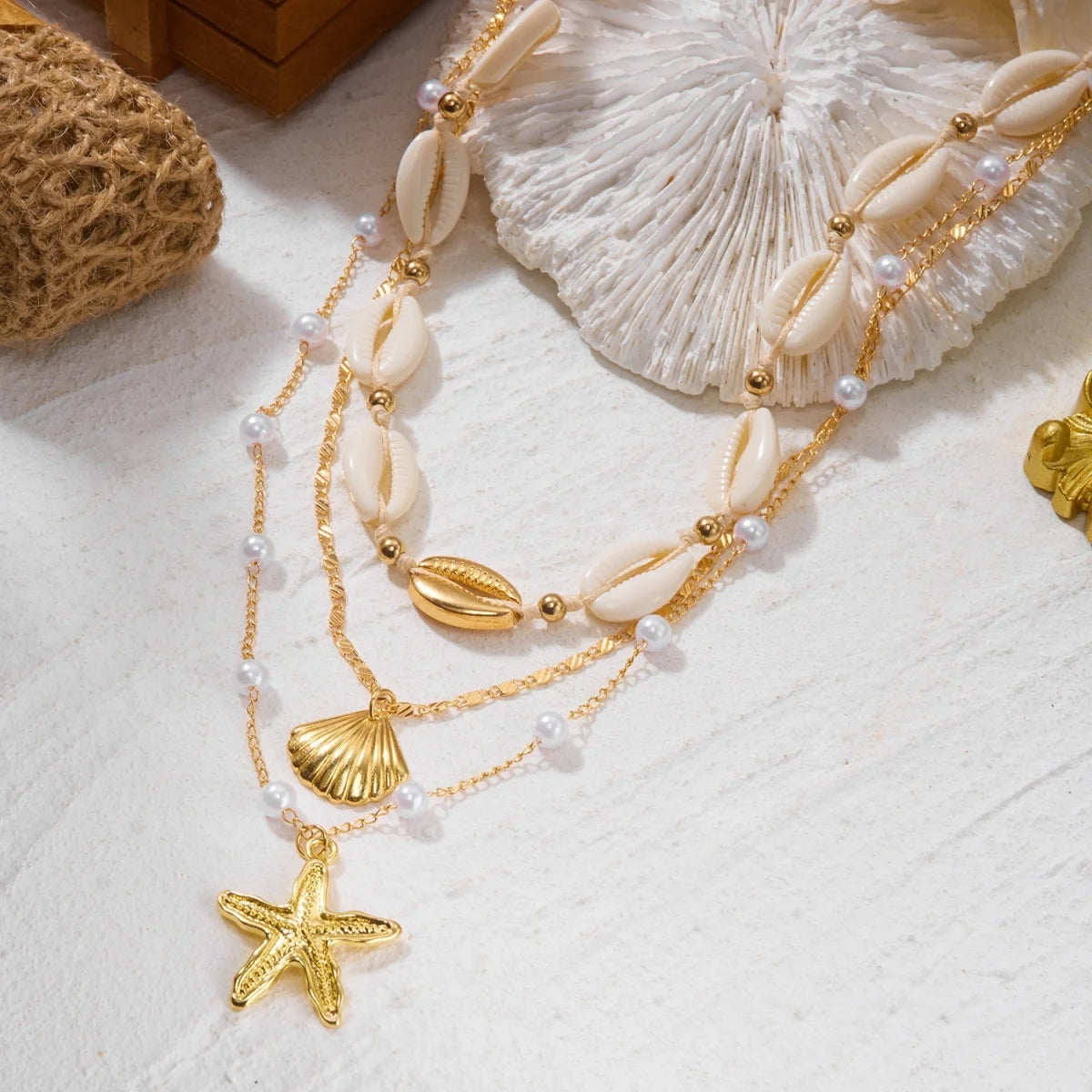 Multilayer Imitation Pearl Rice Bead Starfish Resin Turtle Shell Necklace For Women Men Ocean Beach Fishtail Choker Boho Jewelry