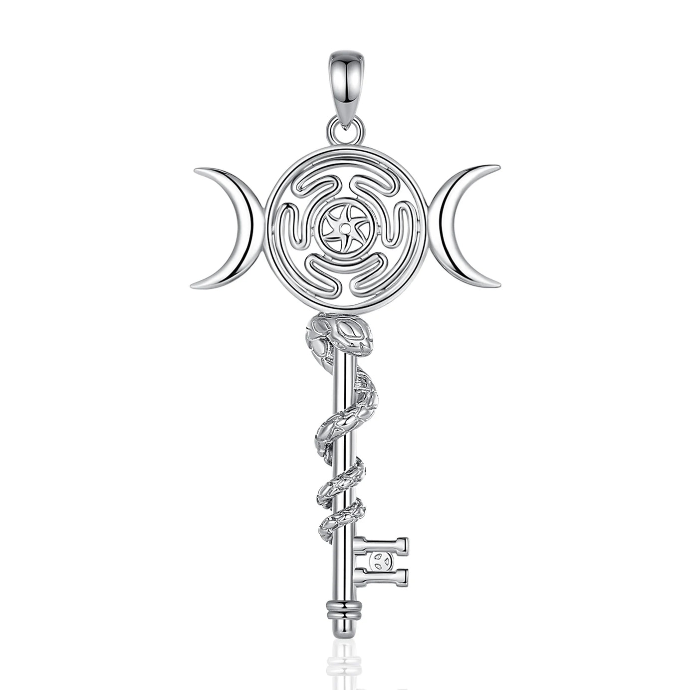 Sterling Silver 925 Hekate Wheel Triple Moon Goddess Necklace, Snake Key Witch Amulet