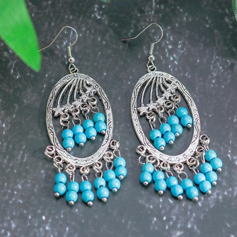 Boho Vintage Turquoise Water Drop Stud Earrings for Women Star Heart Flower Tribe Earring Statement Valentine Day Gift Jewelry