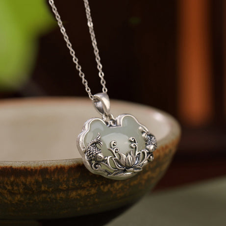 925 Silver Hotan Jade Lotus & Fish Ruyi Pendant, Boho Blessing Necklace