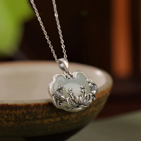 925 Silver Hotan Jade Lotus & Fish Ruyi Pendant, Boho Blessing Necklace