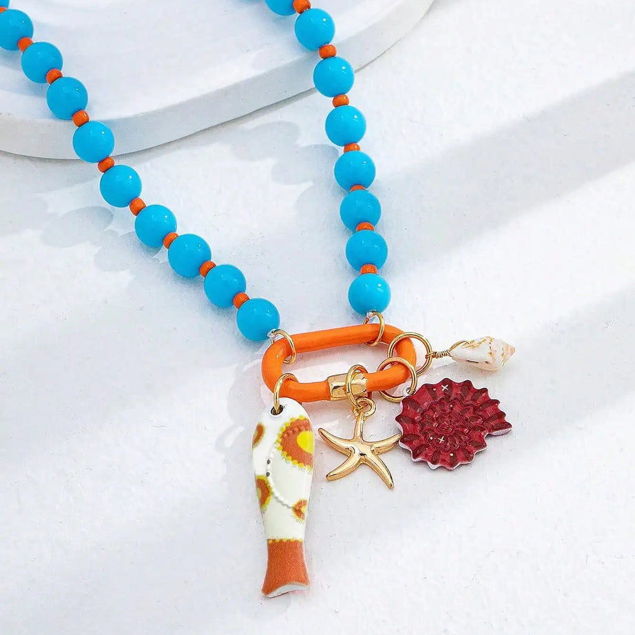 Fish Starfish Charm Resin Bead Layered Necklace Jewelry