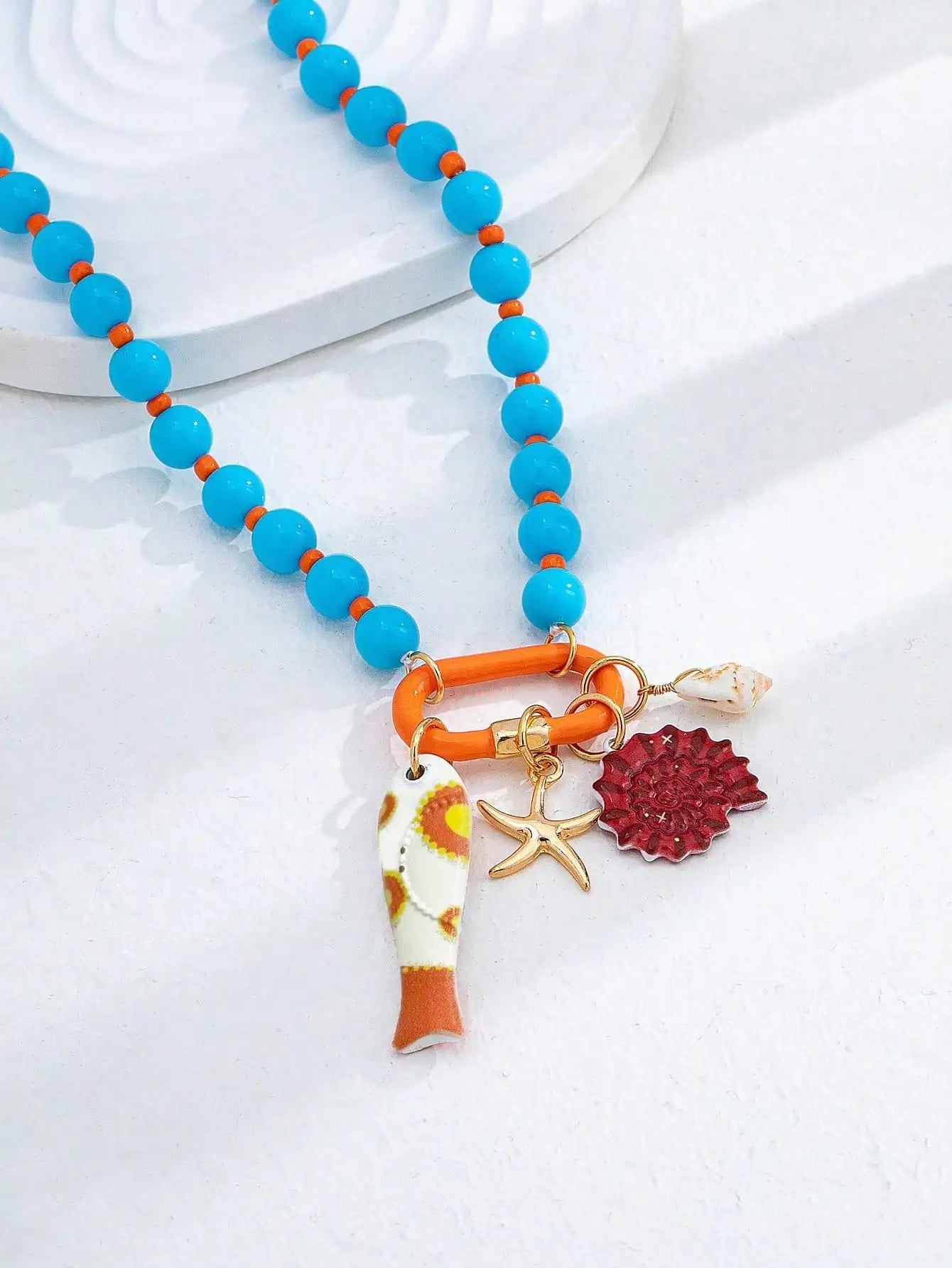 Fish Starfish Charm Resin Bead Layered Necklace Jewelry