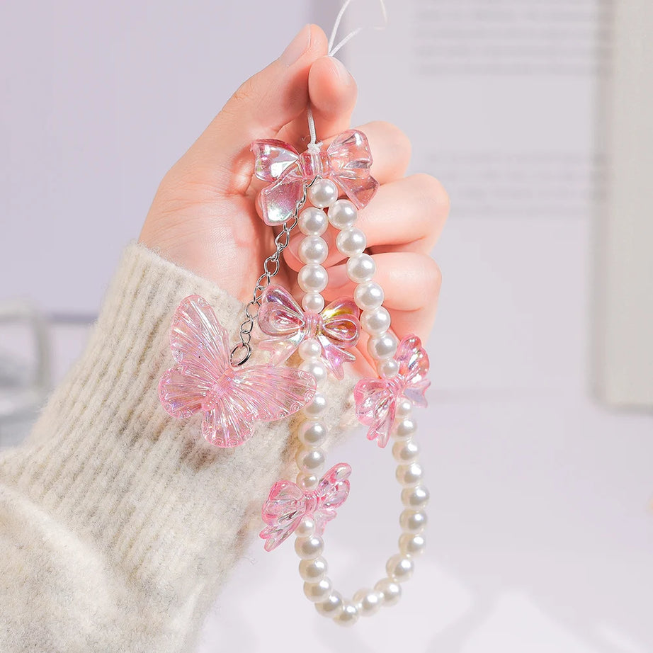 Pink Butterfly, Pearl and Bow Phone Strap Wrist Chain